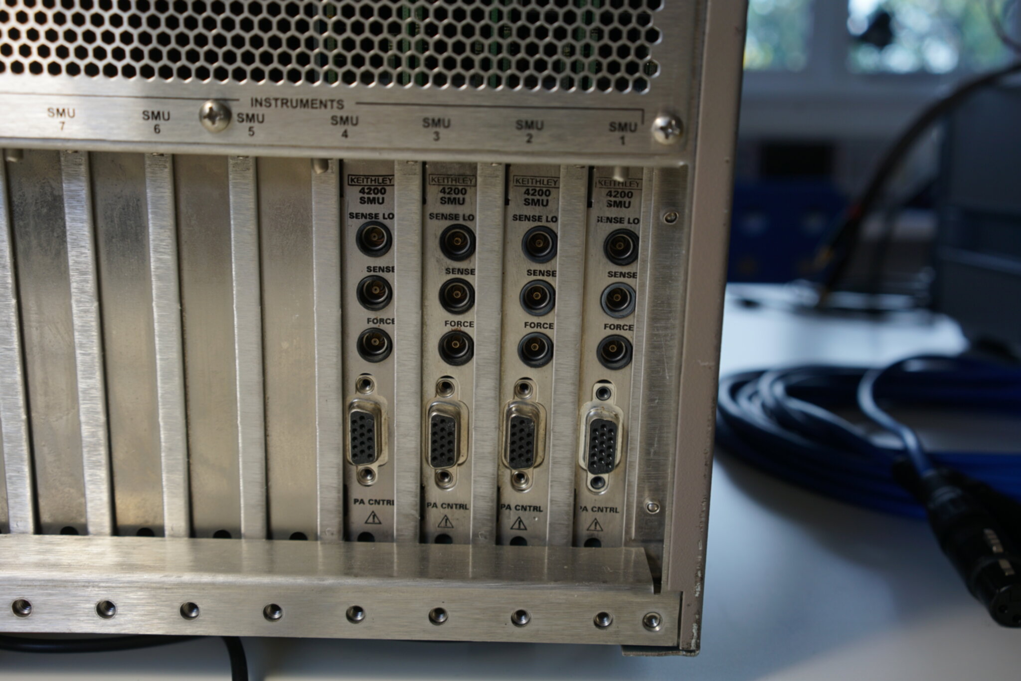 Rear of Keithley 4200-SCS, centered on the SMU connections